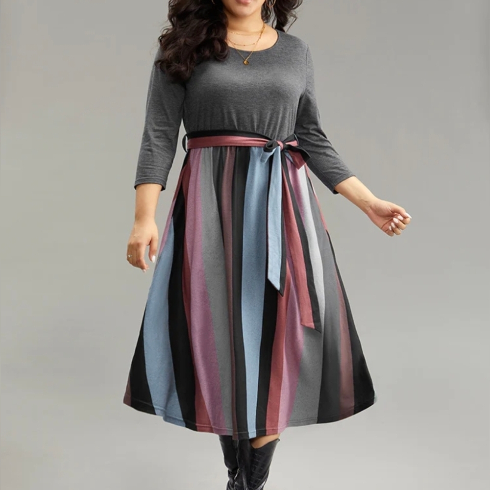 BloomChic Gray and Multicolor Striped Midi Dress Lg 12